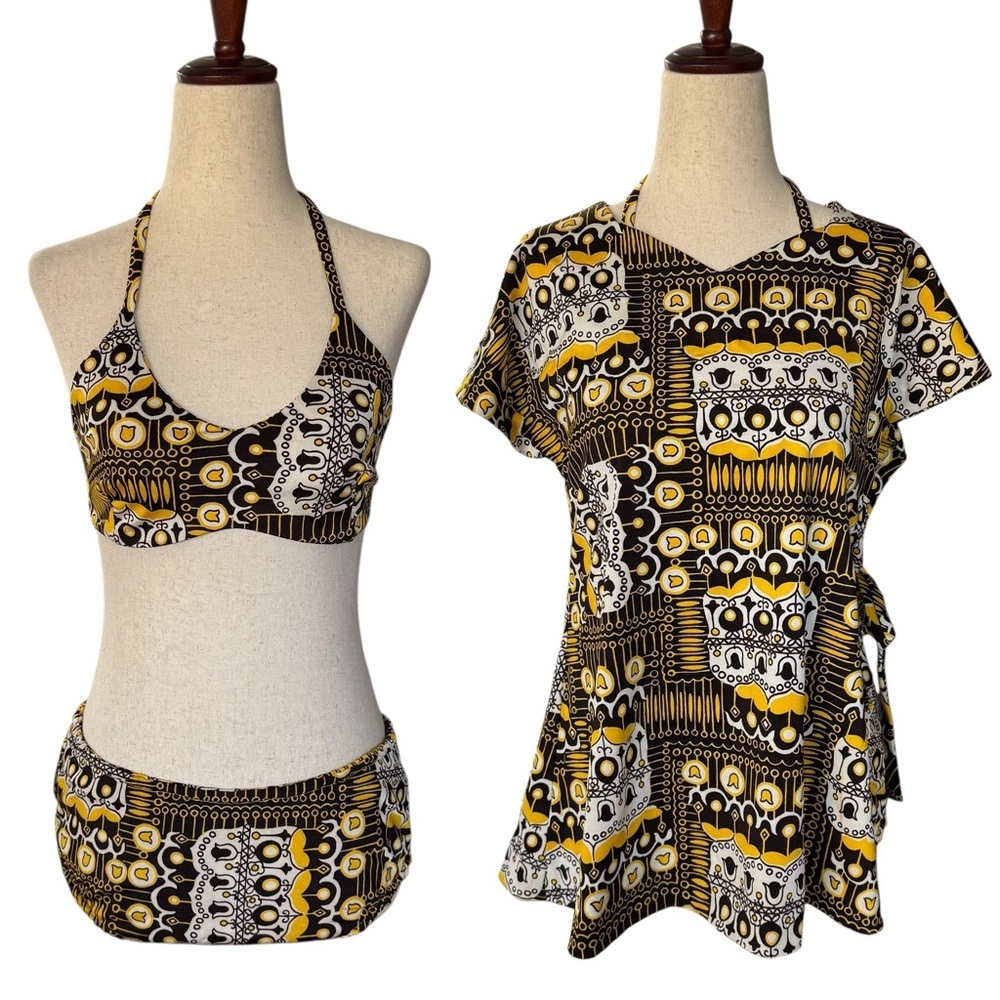 Vintage 60s 70s Lady Manhattan Print Bikini and Coverup 3 piece Set Small